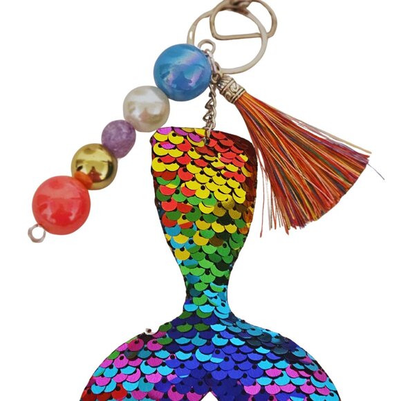 Rainbow Plush Sequin Mermaid Tail Keychain, Tassel, Bead, Purse Charm - Picture 1 of 1